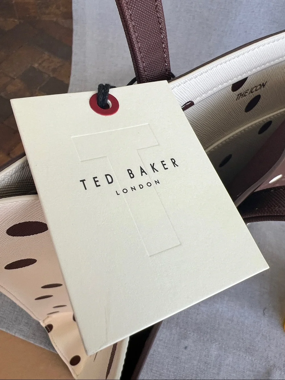 TED BAKER London Icon Polka Dot Saffiano tote shopper brown / cream NWT